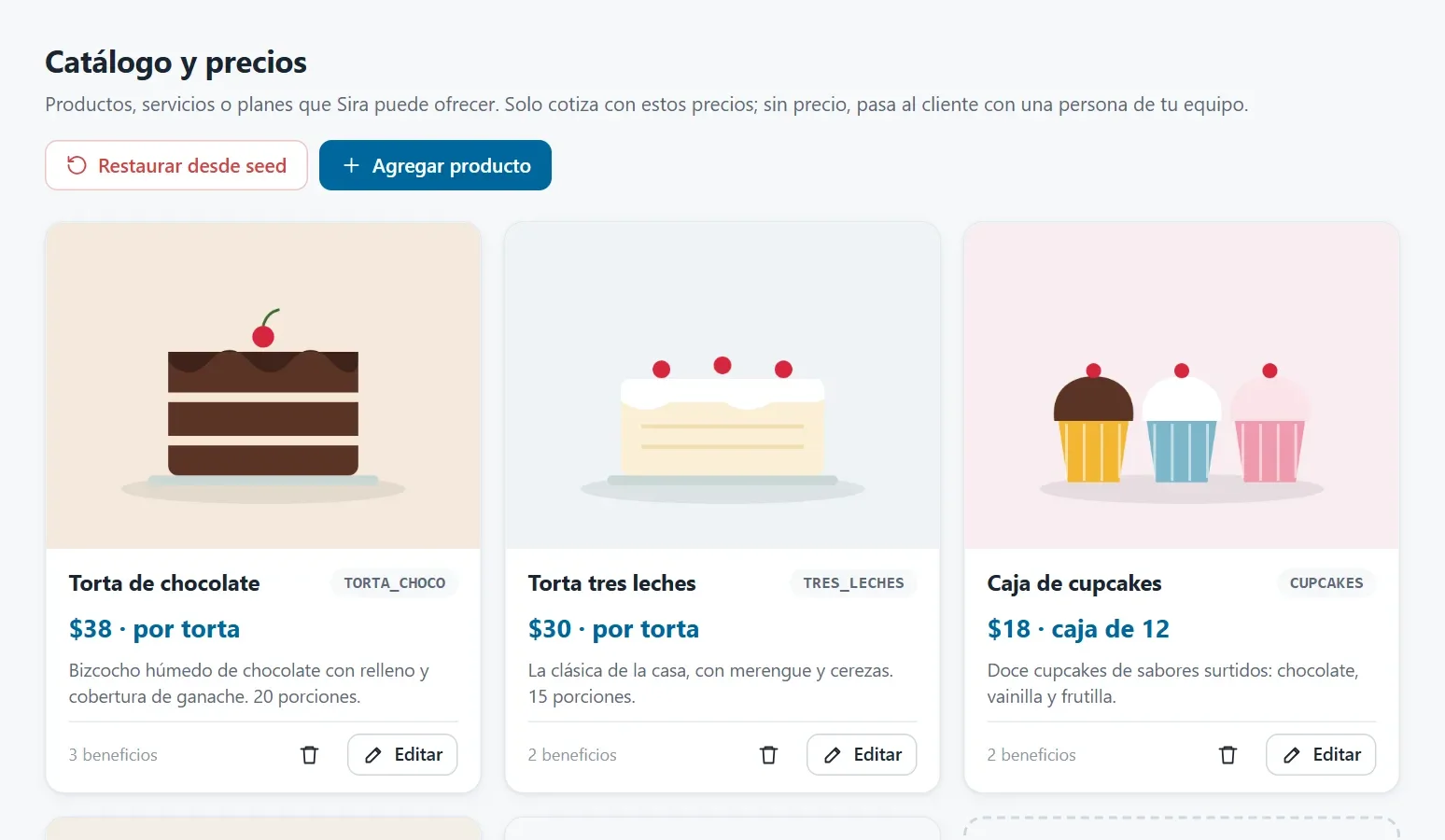 Panel de Sira: catálogo de productos en tarjetas con foto, precio y descripción